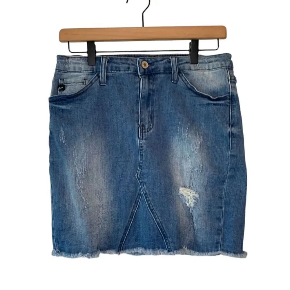 Kancan Jeans Skirt Women Blue Mini Pencil Denim Distressed Raw Hem Juniors 27